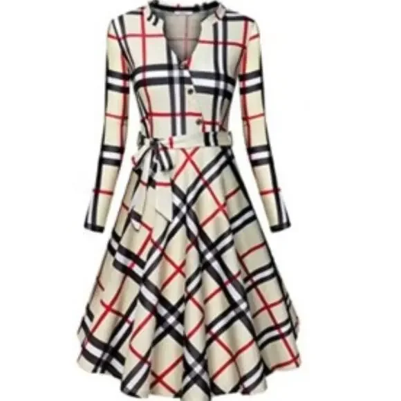 Diphi LiLi Plaid Dress Sz XL Tan Black V-Neck Button Down Fit & Flare Preppy VNT - Picture 4 of 13